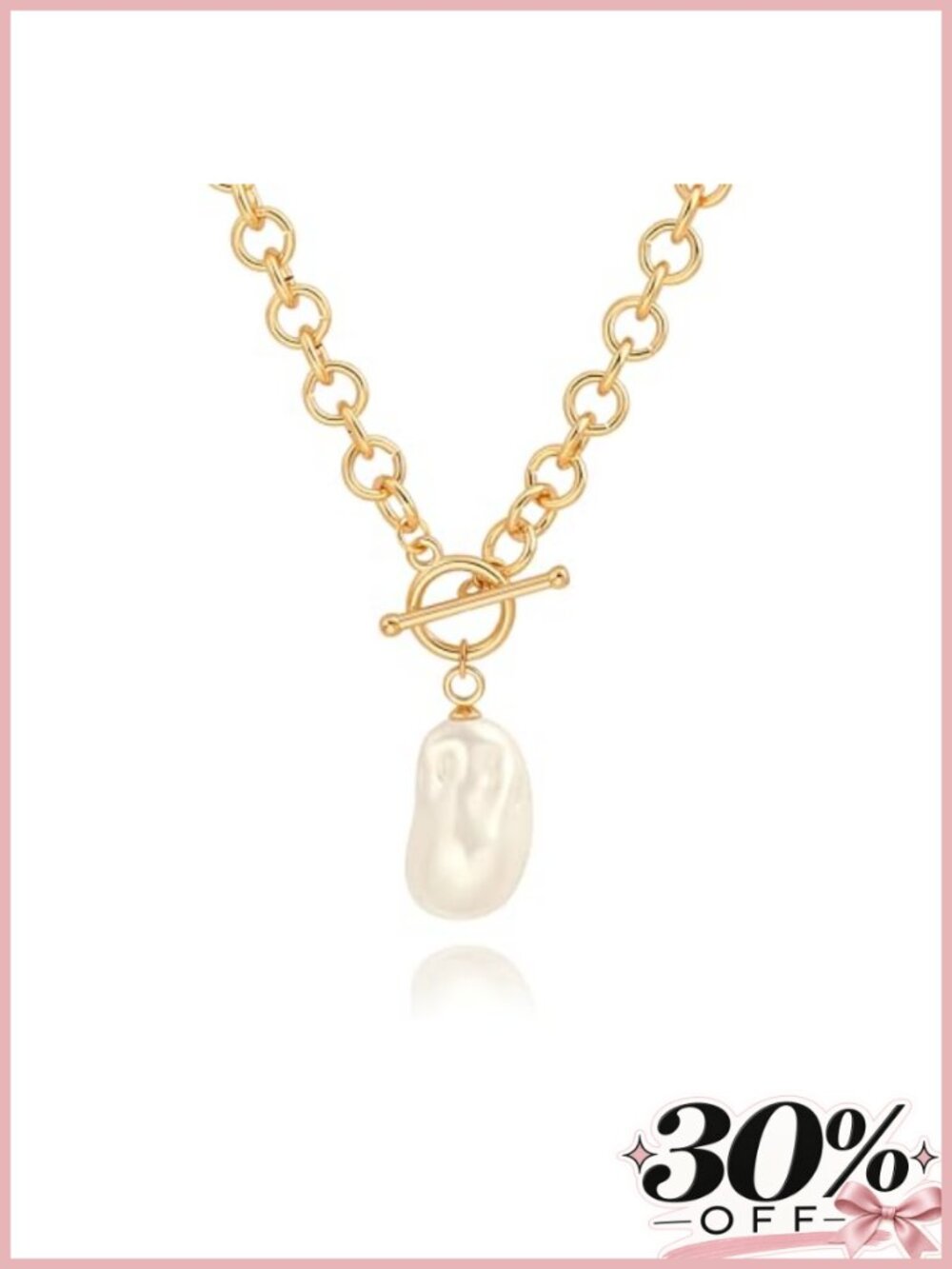 18k Gold Plated Chain Link Necklace Baroque Pearl Pendant Women
